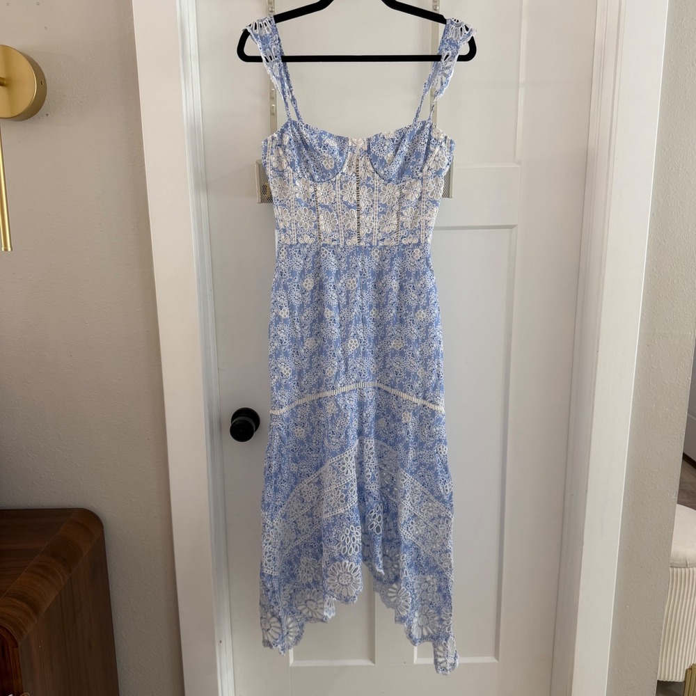 KARINA GRIMALDI IRMA EYELET MIDI DRESS Blue Floral Eyelet Ruffle sleeve Medium